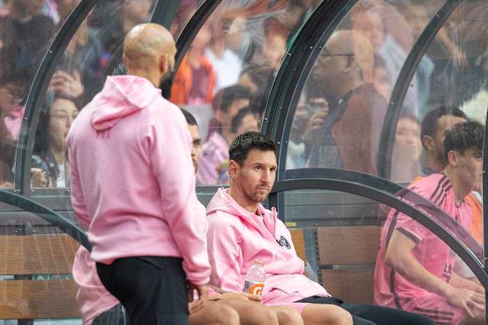 Lionel Messi pictured sitting on the bench during Inter Miami's 4-1 win over a Hong Kong XI in February 2024